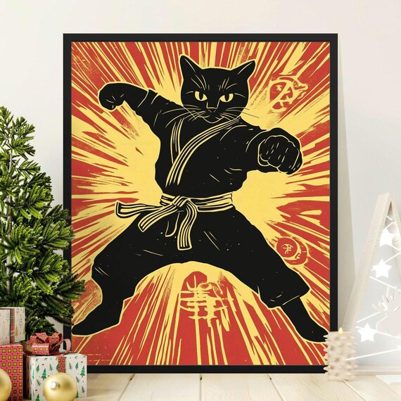 Black Cat Karate Master Striking Punch Red Rising Sun Retro Comic Poster