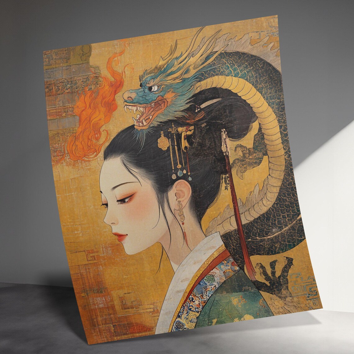 Elegant Asian Woman And Dragon Vintage Oriental Gold Fantasy Art Print - Image 3