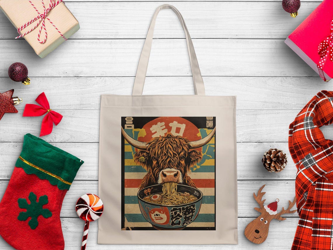 Highland Cow Slurping Ramen Retro Japanese Style Graphic Poster - Image 3