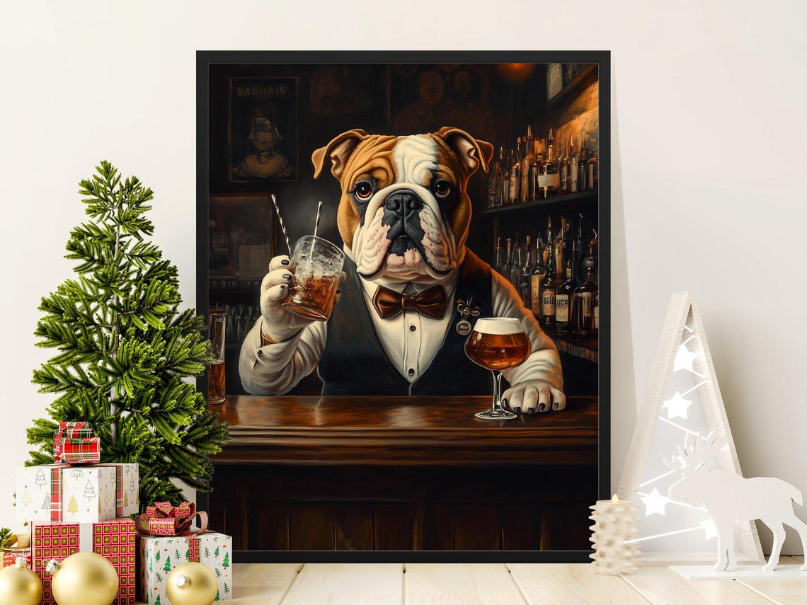 Bulldog Bartender Suit Bowtie Bar Decor Funny Dog Wall Art Poster