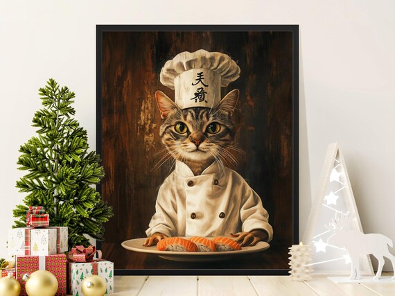 Elegant Tabby Cat Chef White Uniform Salmon Nigiri Rustic Art Poster