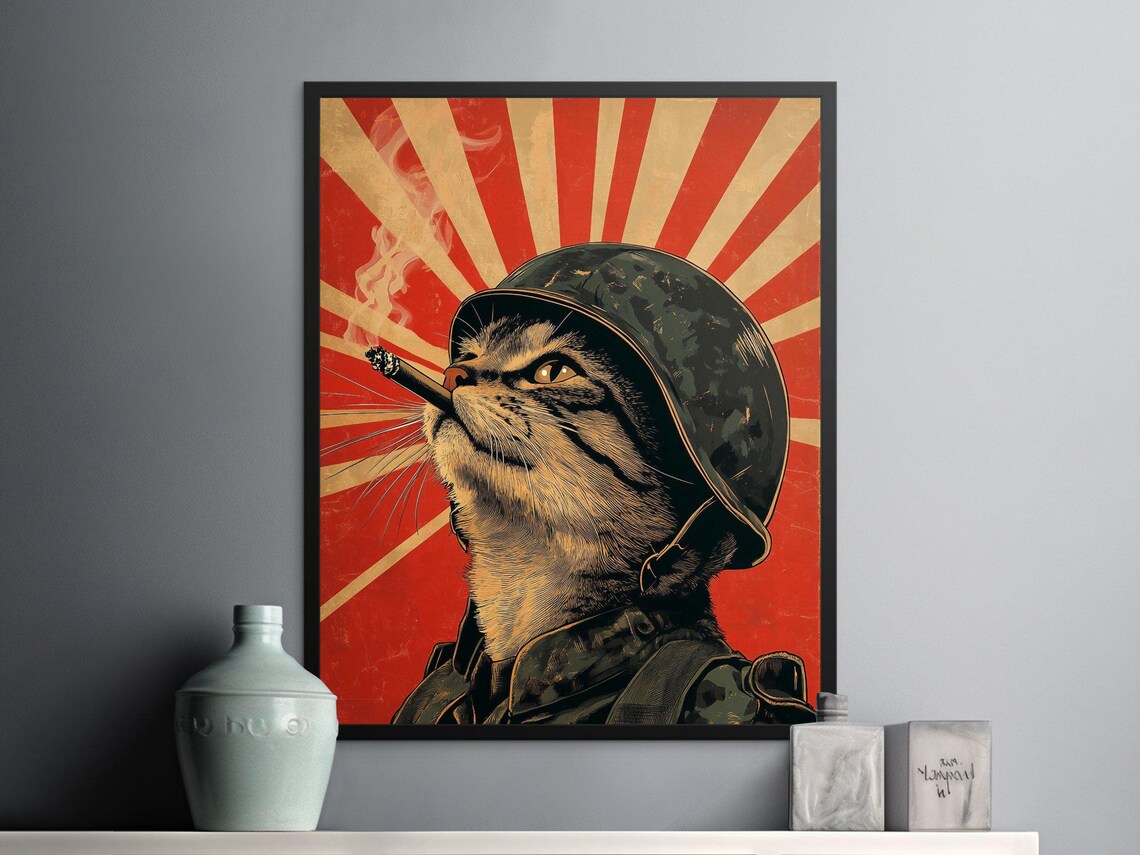 Military Helmet Cat Smoking Cigar Red Rising Sun Retro Soldier Art Poster - Image 2