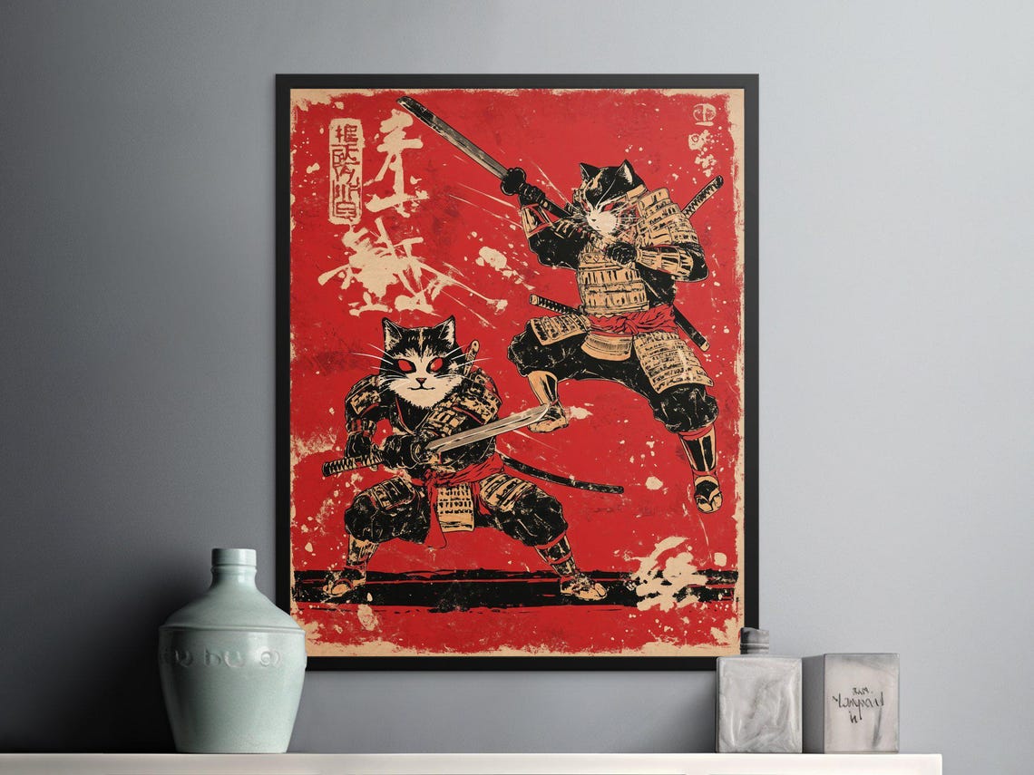 Samurai Cats Duel Katanas Red Vintage Japanese Warrior Wall Art Poster - Image 2