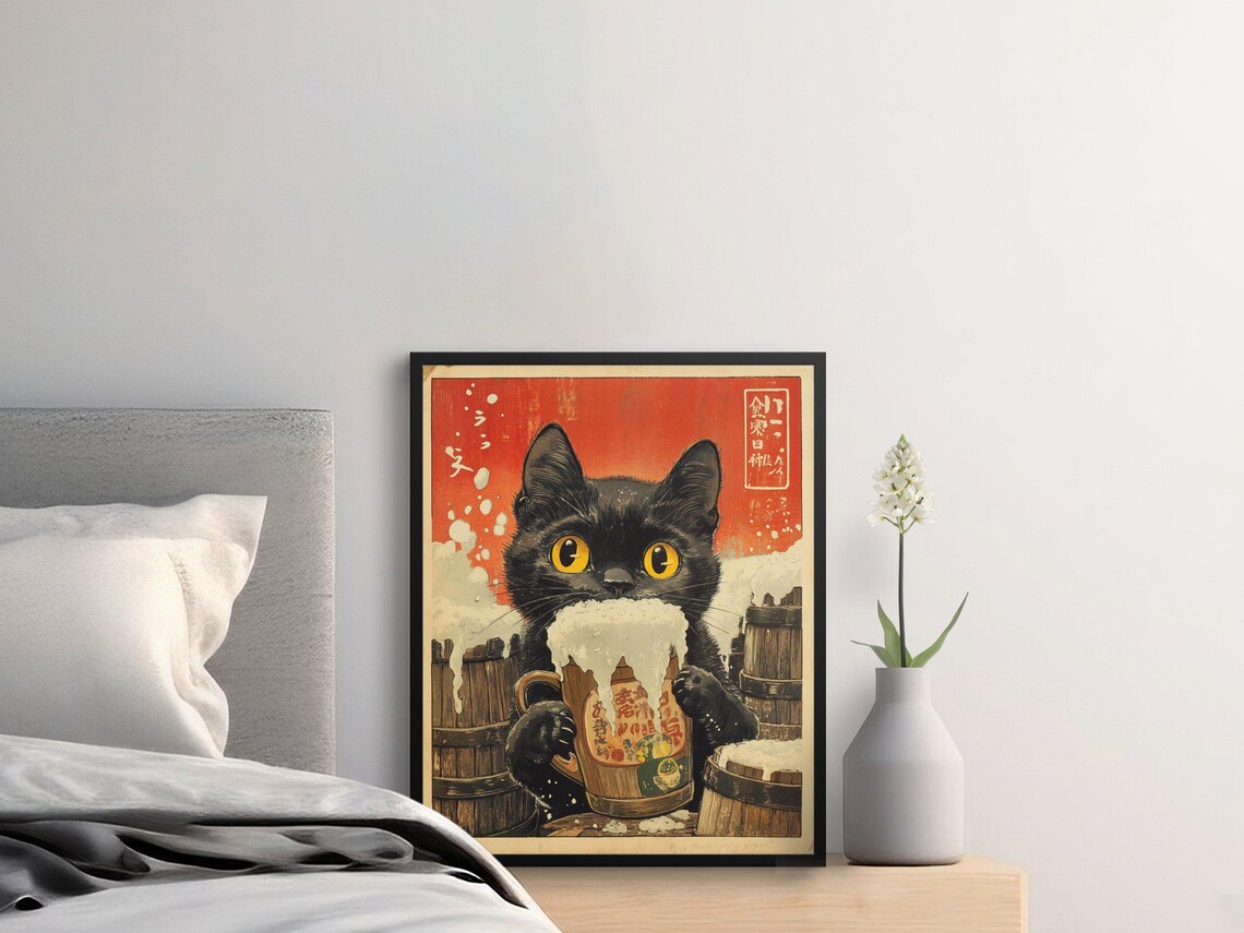 Black Cat Beer Mug Vintage Japanese Pub Barrel Retro Animal Art Poster - Image 2