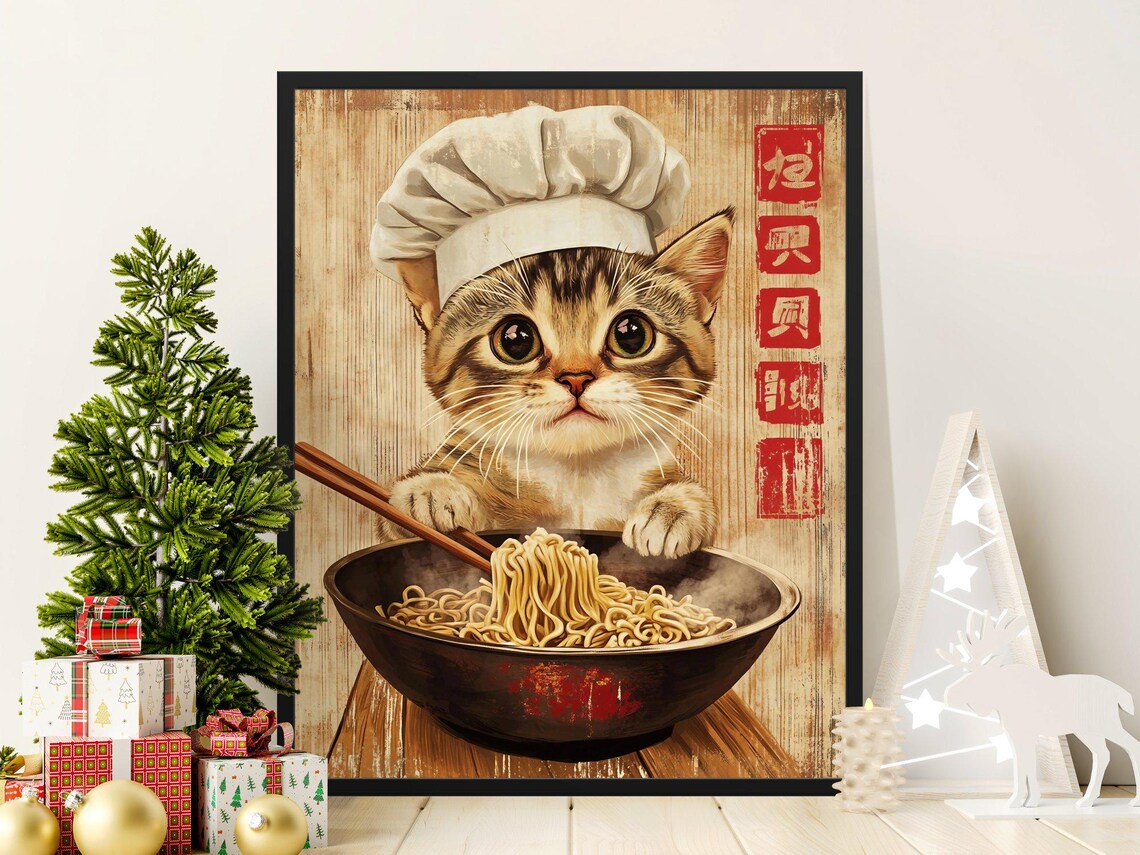 Cute Kitten Chef Noodles Adorable Japanese Kitchen Animal Art Poster