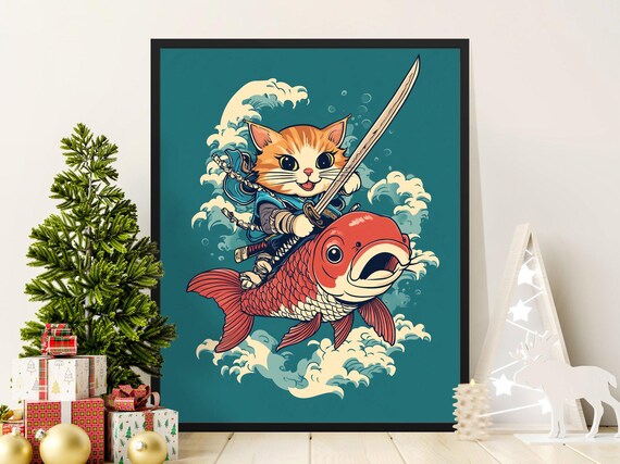 Samurai Kitten Riding Red Koi Fish Japanese Wave Adventure Cute Cat Poster
