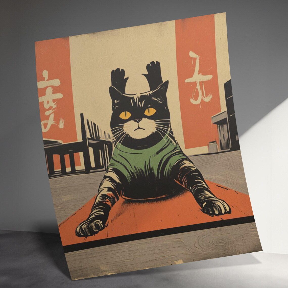 Vintage Cat Poster, Japanese Art Inspired Stretching Cat - Image 3