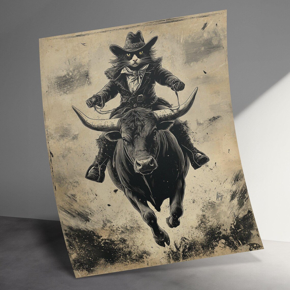 Cowboy Cat Riding Charging Longhorn Bull Black White Vintage Ink Poster - Image 3