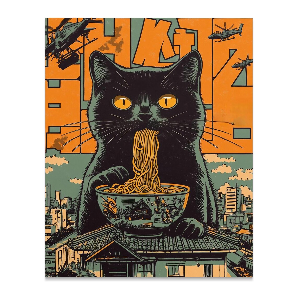 Giant Black Cat Kaiju Eating Noodles Over Rooftops Retro Japanese Poster - Image 3