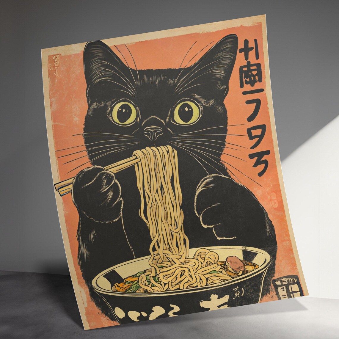 Adorable Black Cat Eating Ramen Noodles Vintage Japanese Kitchen Poster - Image 3