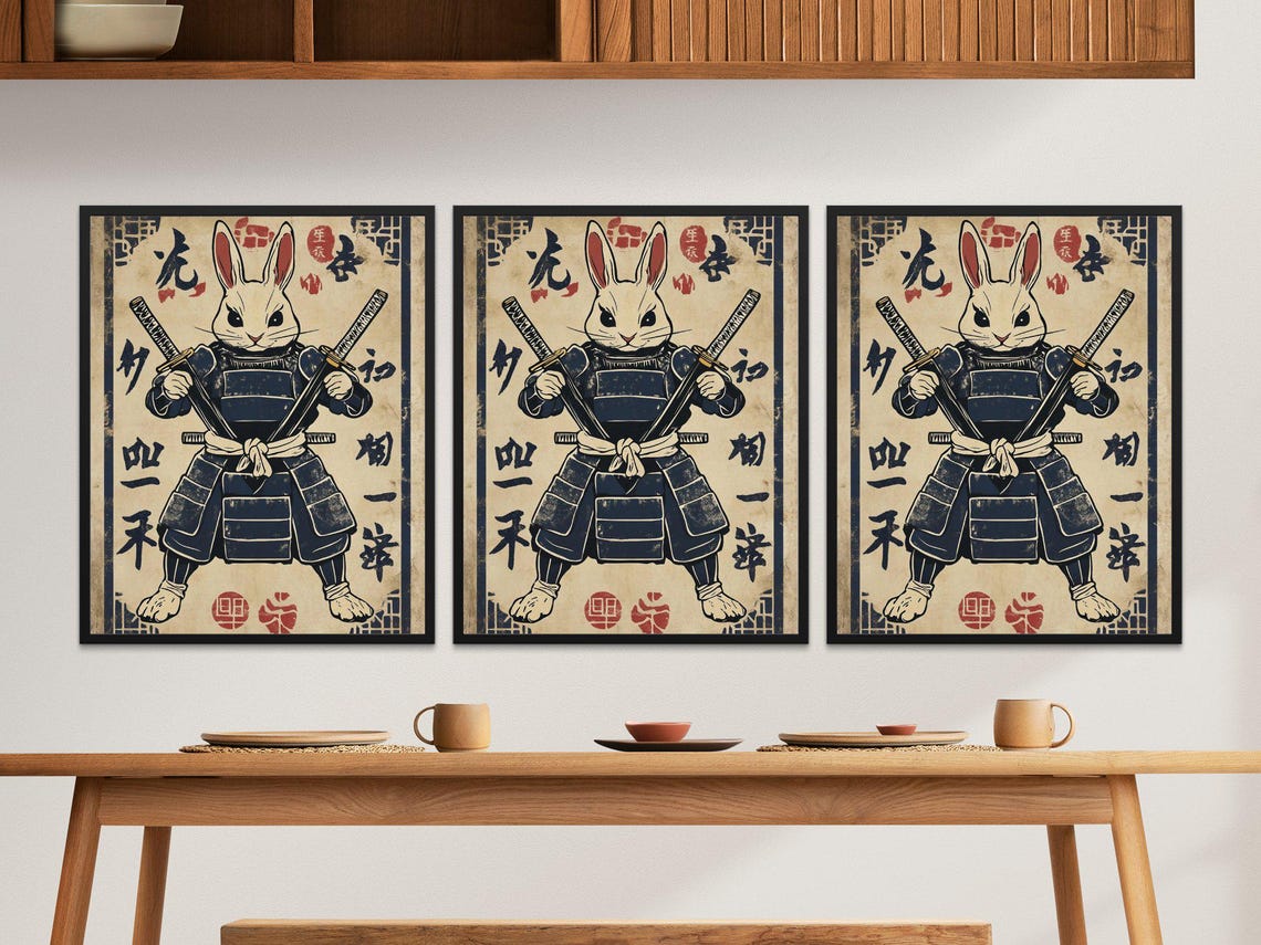 Samurai Rabbit Warrior Vintage Japanese Dual Sword Bunny Wall Poster - Image 2