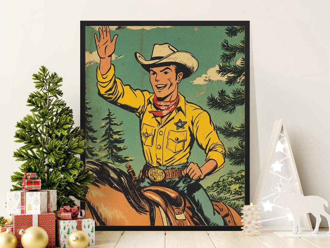 Retro Comic Cowboy Sheriff On Horseback Vintage Western Poster