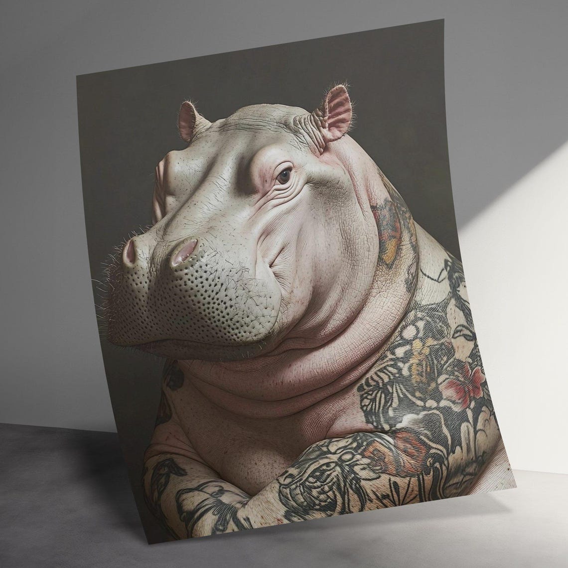 Tattooed Hippo Portrait Dark Background Quirky Funny Animal Wall Art - Image 3