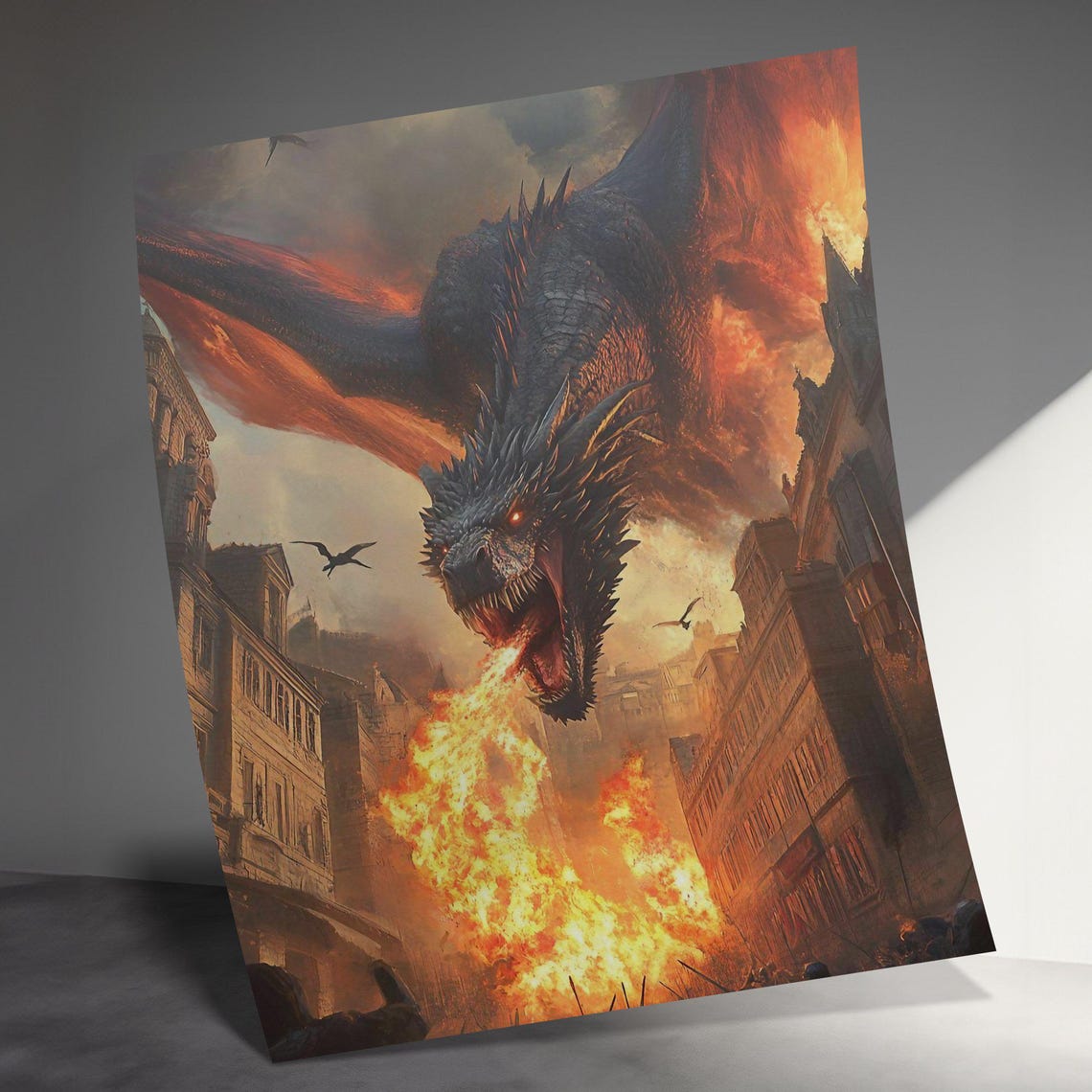 Fire Breathing Dragon Attacking Medieval City Epic Fantasy Art Print - Image 3