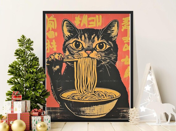 Black Cat Slurping Ramen Noodles Retro Japanese Noodle Shop Art Poster