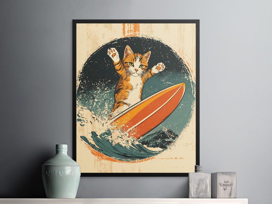 Retro Surfing Kitten Riding Wave Vintage Coastal Cat Wall Art Poster - Image 2