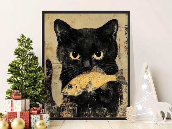 Black Cat Holding Golden Fish Vintage Japanese Ink Style Cat Poster