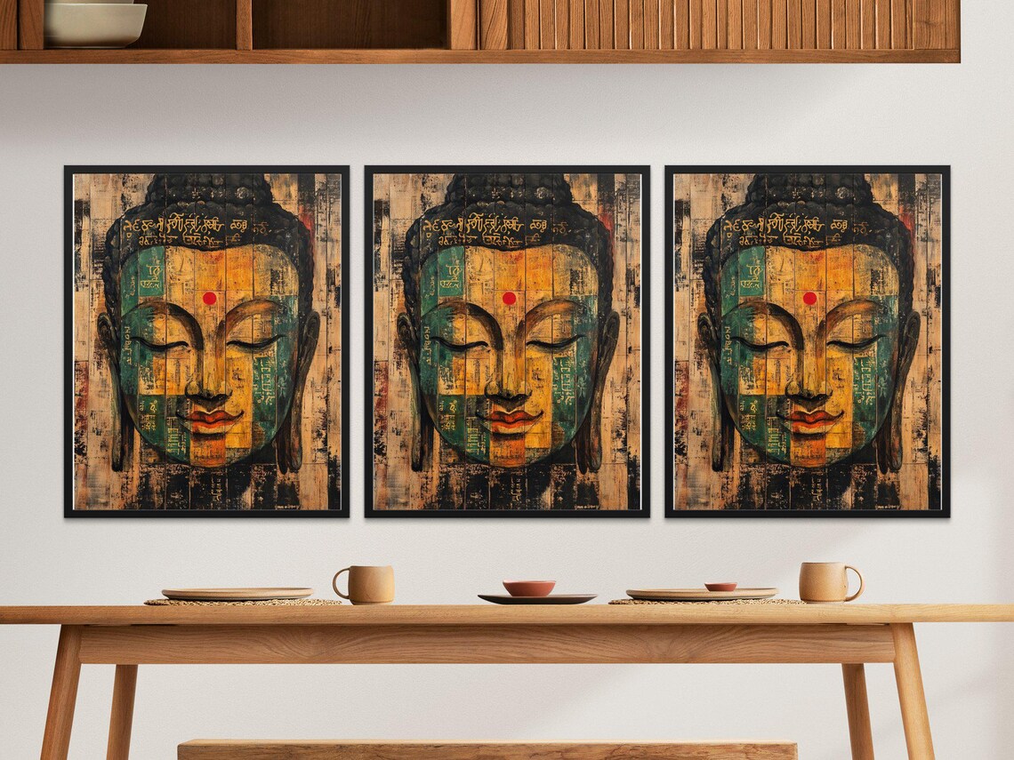 Serene Buddha Face Portrait Distressed Wood Panel Spiritual Zen Art Poster - Image 2