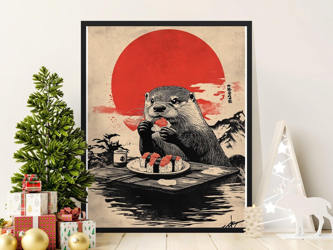 Otter Dining on Sushi by the Water Red Sun Japanese Scene Poster