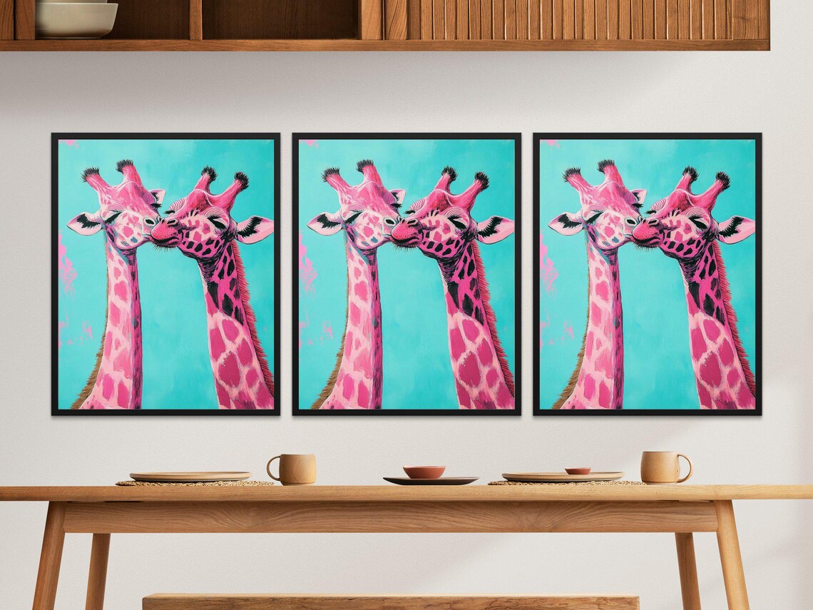 Pink Giraffes Kissing Whimsical Teal Nursery Wildlife Wall Art - Image 2