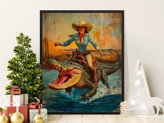 Western Cowgirl Riding Alligator Poster Unique Wall Art Adventure Art Print Fun Fantasy Poster Western Decor Unusual Wall Art