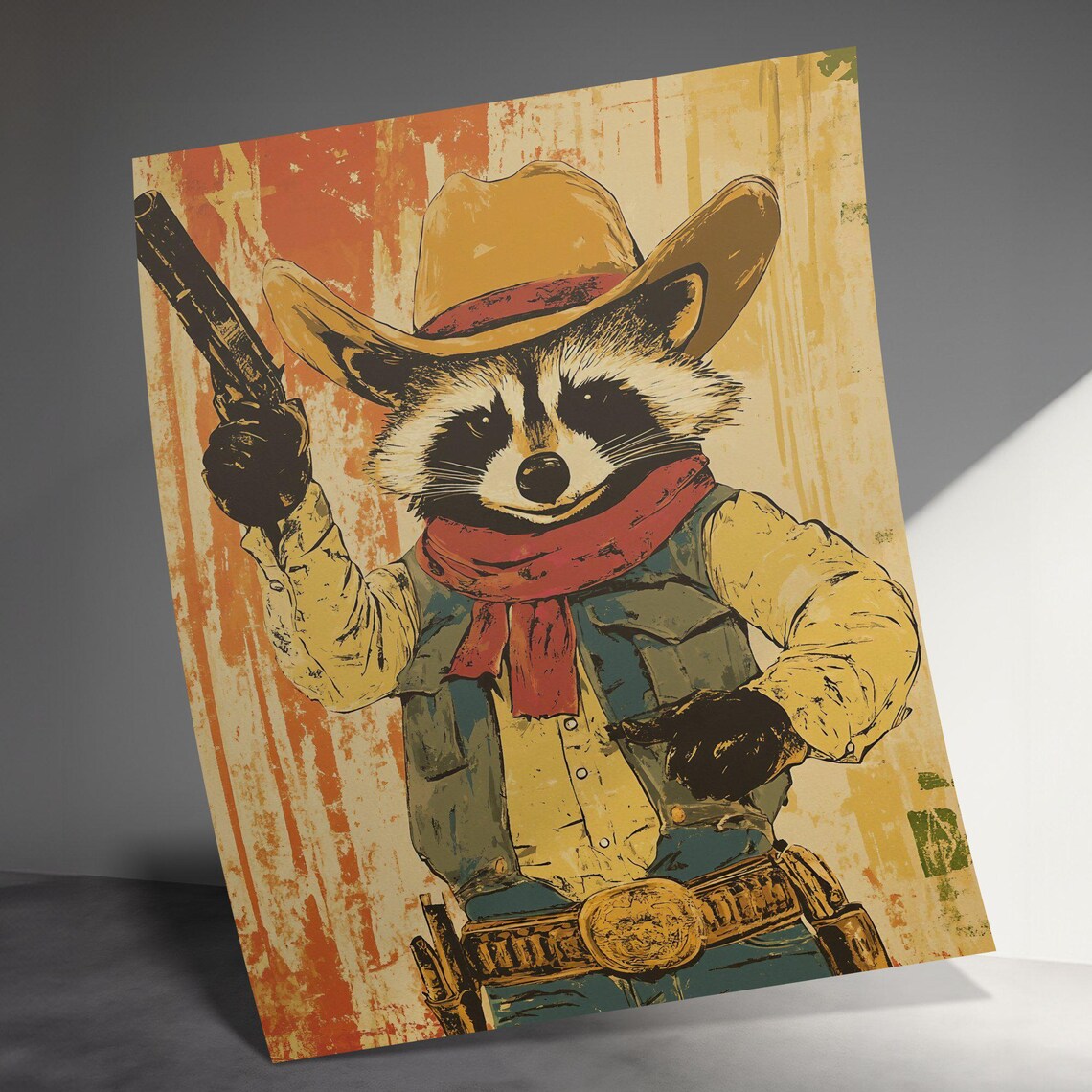 Raccoon Cowboy With Pistol Vintage Western Bandit Style Wall Art - Image 3