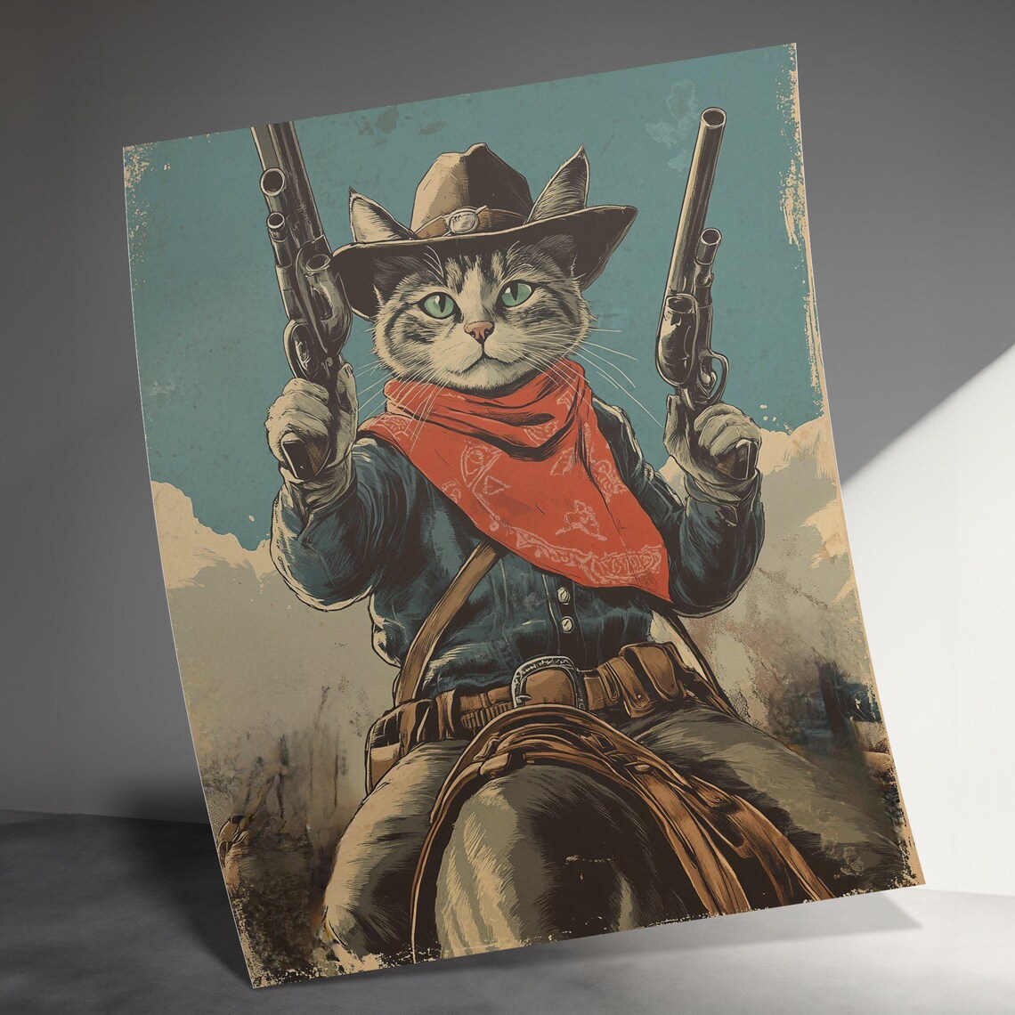 Cowboy Cat Dual Pistols Red Bandana Vintage Western Gunslinger Art Poster - Image 3