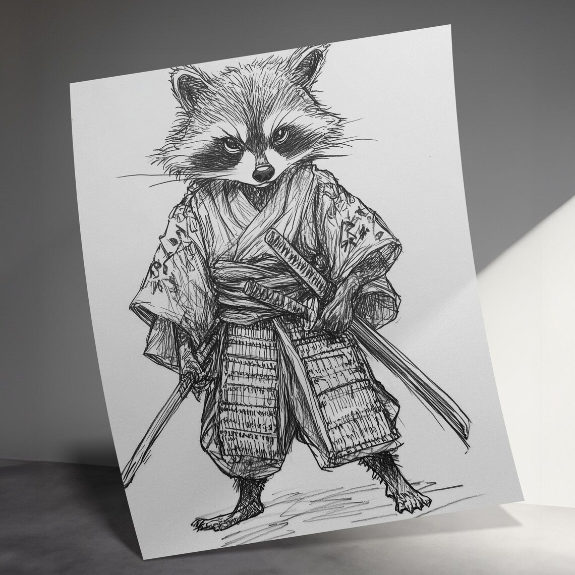 Samurai Raccoon Ink Sketch Japanese Warrior Swords Cute Art Poster - Image 3