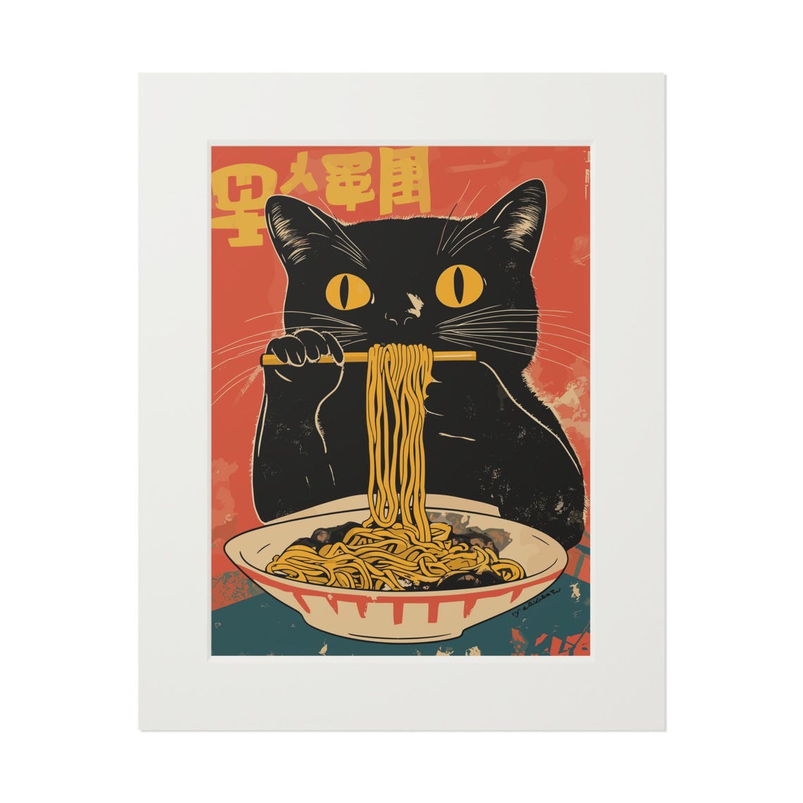 Black Cat Eating Ramen Retro Japanese Food Poster With Chopsticks - Image 2