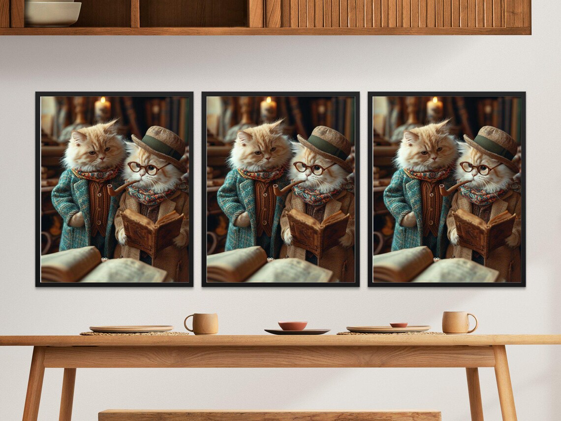 Two Gentleman Cats Library Pipe Book Vintage Feline Charm Poster - Image 2