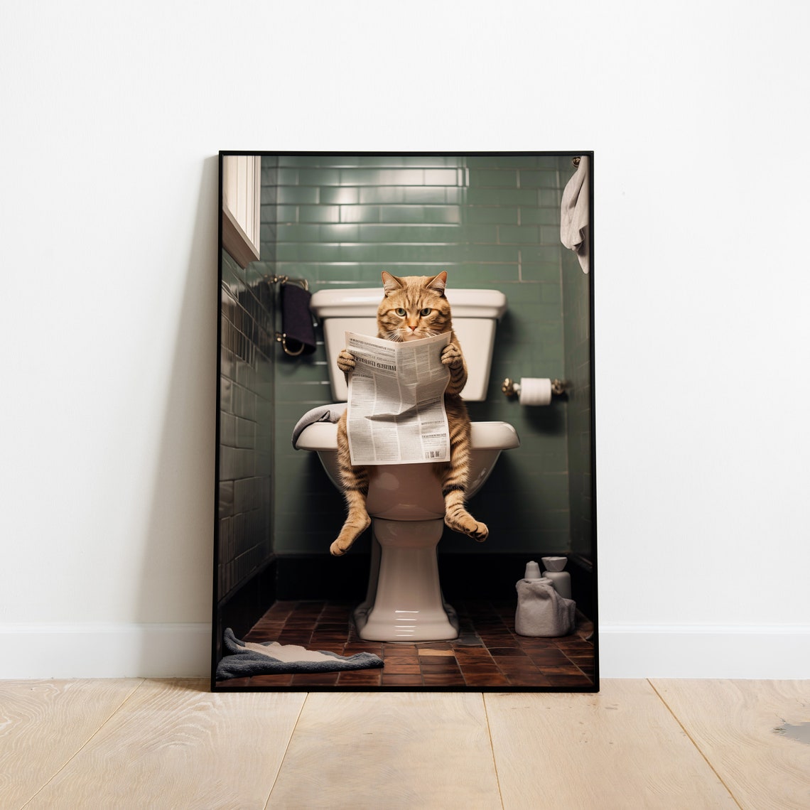 Funny Cat on Toilet Reading Newspaper Bathroom Comedy Poster Art