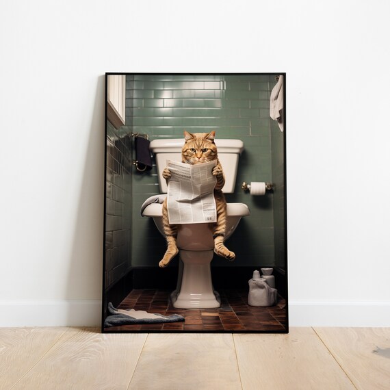 Funny Cat on Toilet Reading Newspaper Bathroom Comedy Poster Art