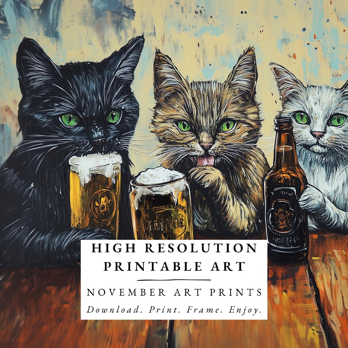 Four Funny Cats Sharing Frothy Beers at Wooden Pub Table Wall Art - Image 5