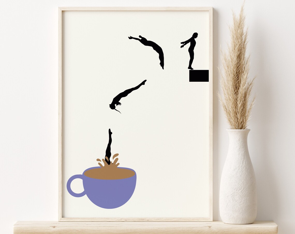 Stylish Coffee Poster For Kitchen Wall Decor Jumping Into Coffee Wall Art Coffee Wall Art Modern Cafe Art Print