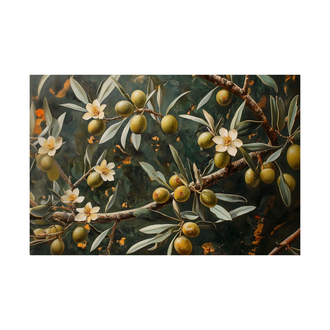 Olive Branch with Blossoms Vintage Botanical Dark Moody Wall Poster - Image 3