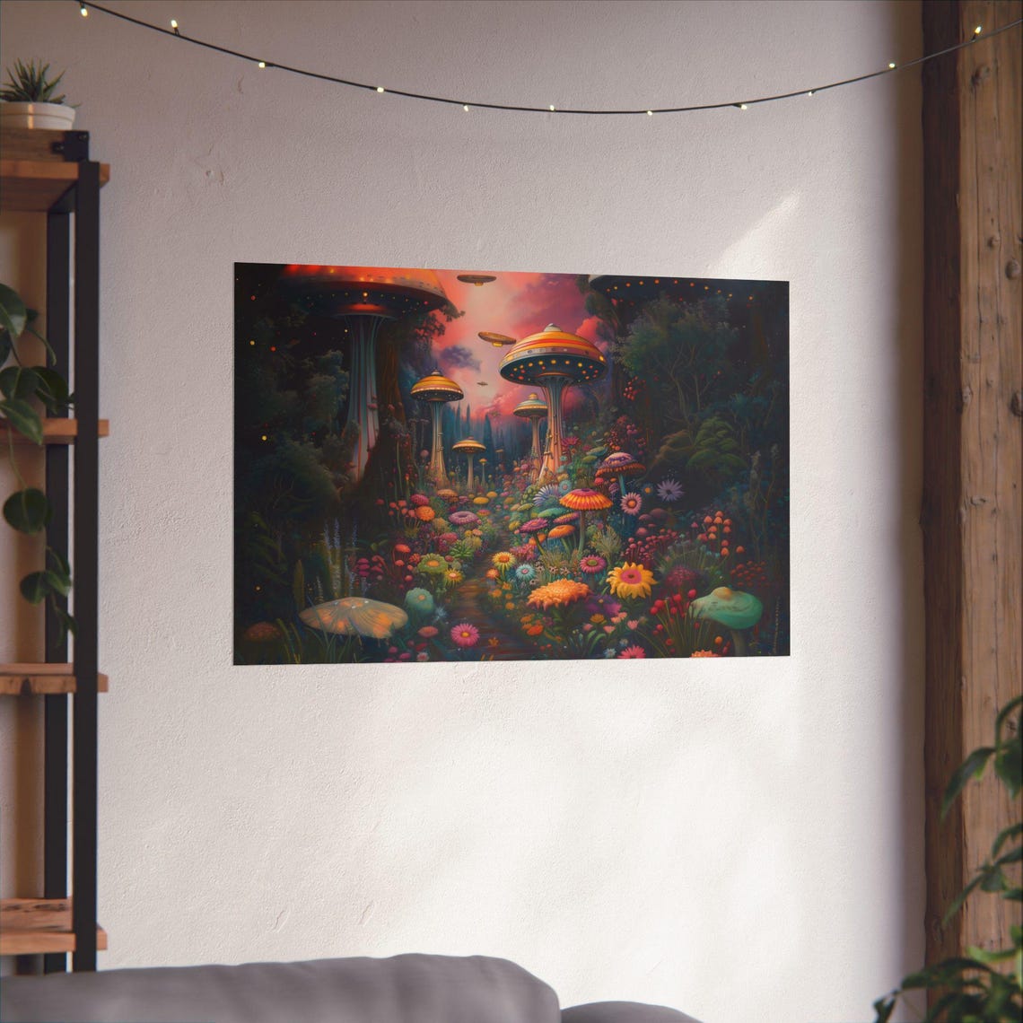 Giant Mushroom Towers and UFOs Over Glowing Flower Garden Poster - Image 2