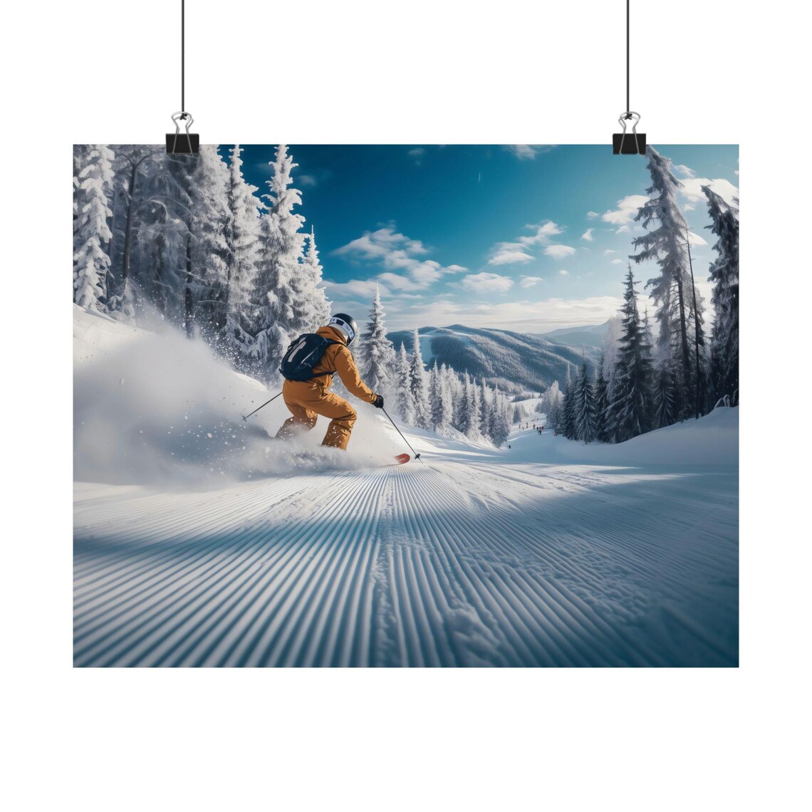 Skier Carving Down Groomed Slope In Orange Suit Pine Forest Powder Print