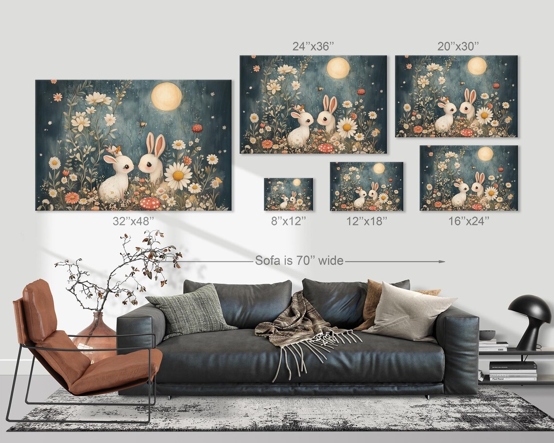Bunnies Moonlight Garden Wildflower Mushroom Whimsy Kids Poster - Image 3