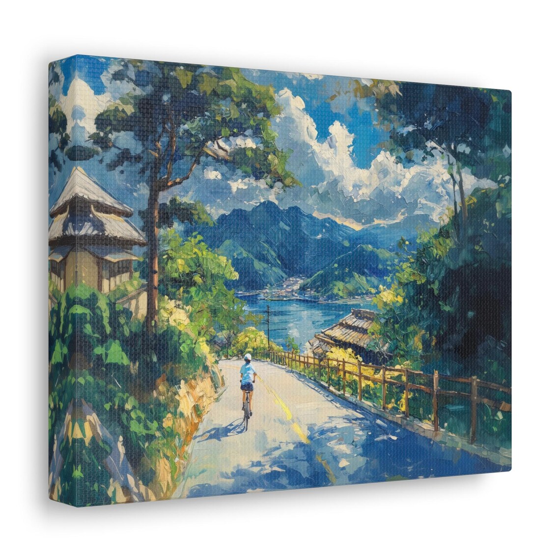 Cyclist Riding Downhill Toward Japanese Bay Village Art Print - Image 2