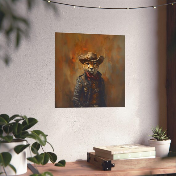 Cheetah Cowboy Sheriff Oil Painting Warm Brown Western Wildlife Poster