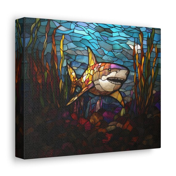 Stained Glass Shark Landscape Modern Painting Calm Relaxing Wall Print Airbnb Art Wall Decor