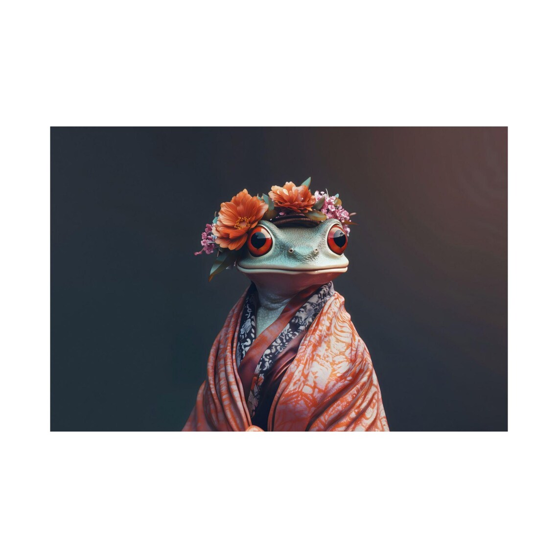 Frog Fashionista Portrait With Floral Crown And Kimono Robe Poster - Image 2