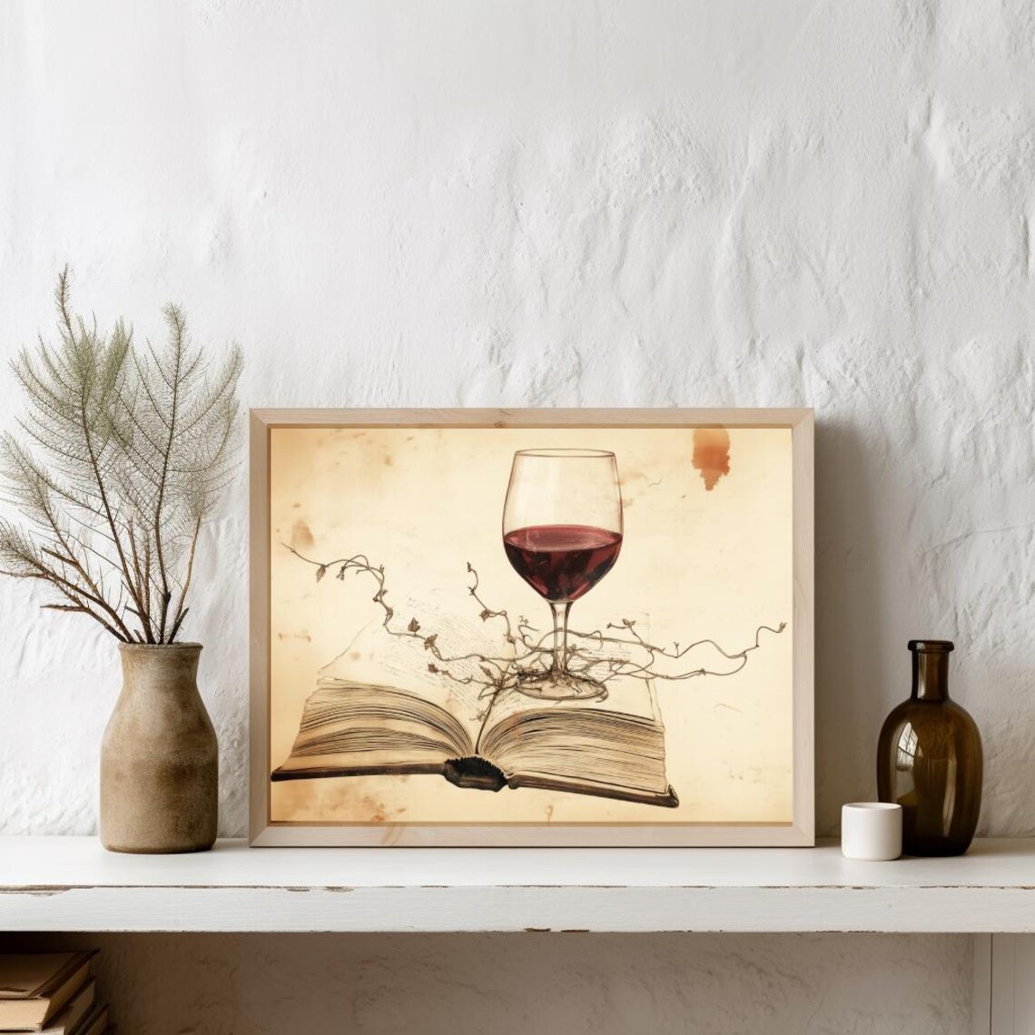 Red Wine Glass on Open Book Vintage Vineyard Still Life Poster - Image 2