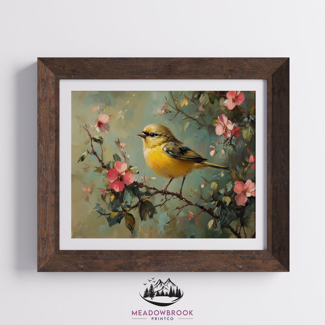 Goldfinch Bird Among Pink Spring Blossoms and Green Leaves Bird Print - Image 2
