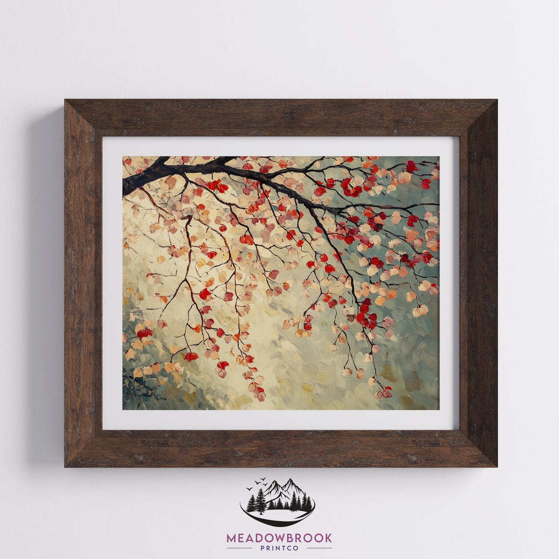 Autumn Cherry Tree Branches From Below Red Leaves Sky View Wall Art - Image 2