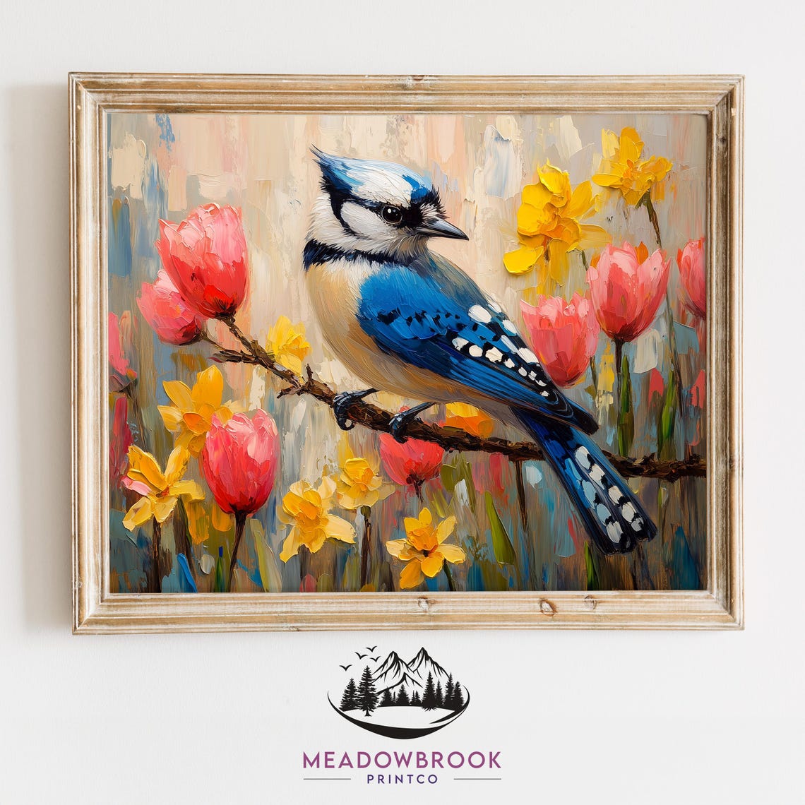 Blue Jay Among Pink Tulips And Daffodils Spring Impasto Bird Poster