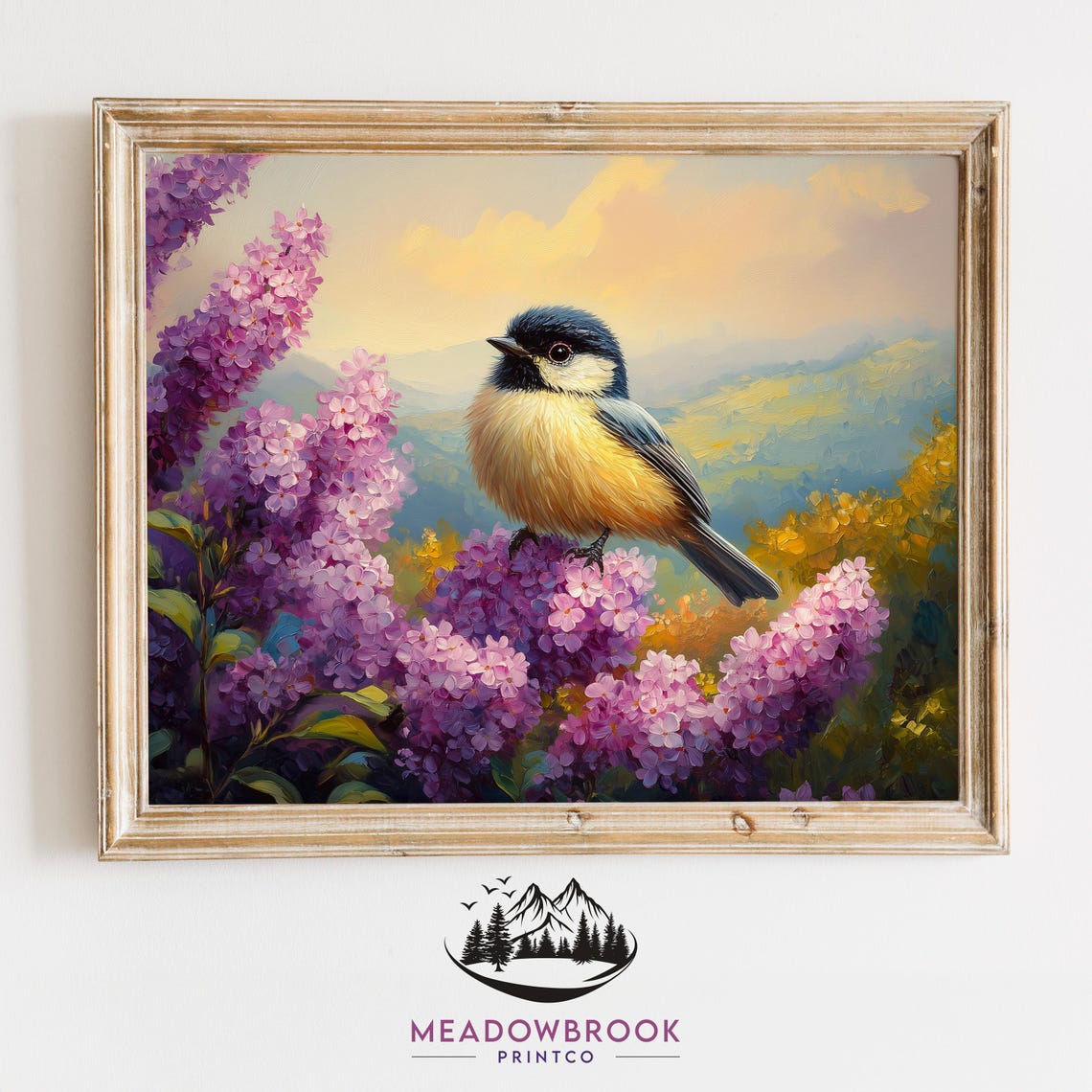 Chickadee Bird on Pink Lilac Blooms Golden Sunset Meadow Bird Poster