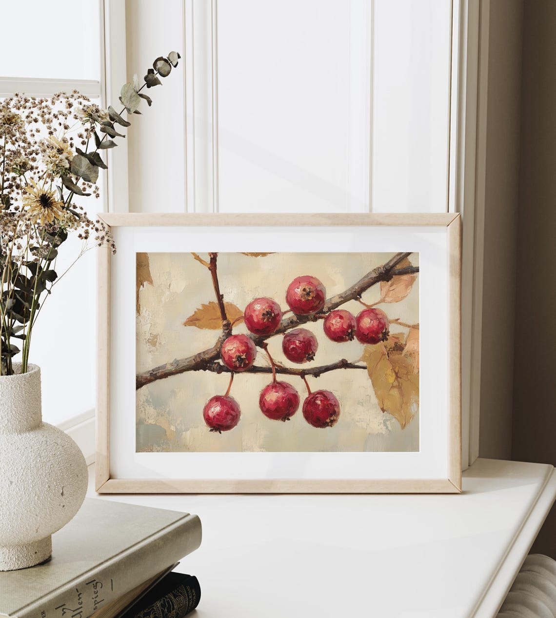 Red Autumn Hawthorn Berries On Branch Rustic Fall Botanical Wall Art - Image 3