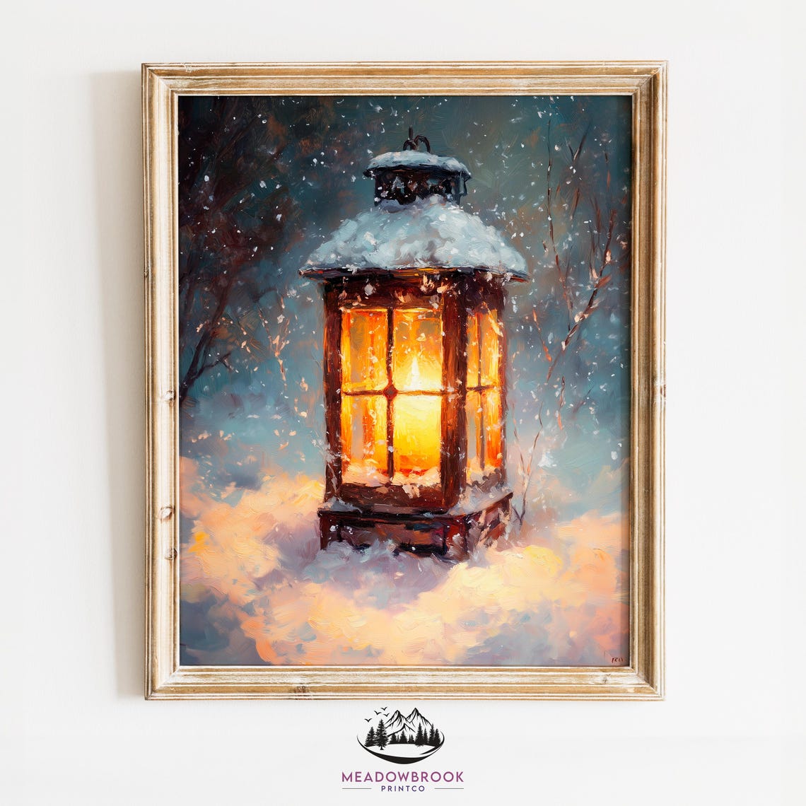 Glowing Snowy Christmas Lantern In Winter Night Vintage Painting Print
