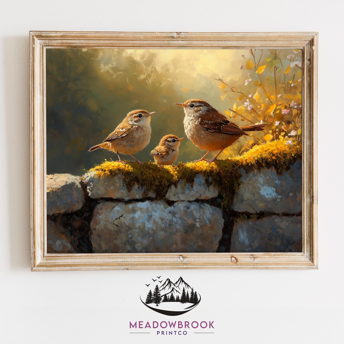 Three Wrens On A Mossy Stone Wall Vintage Bird Nature Art Poster